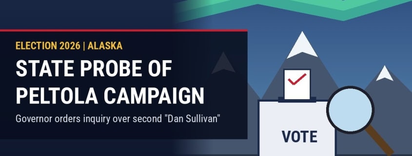 FFP illustration of a ballot box and magnifying glass in front of snow-capped Alaska mountains